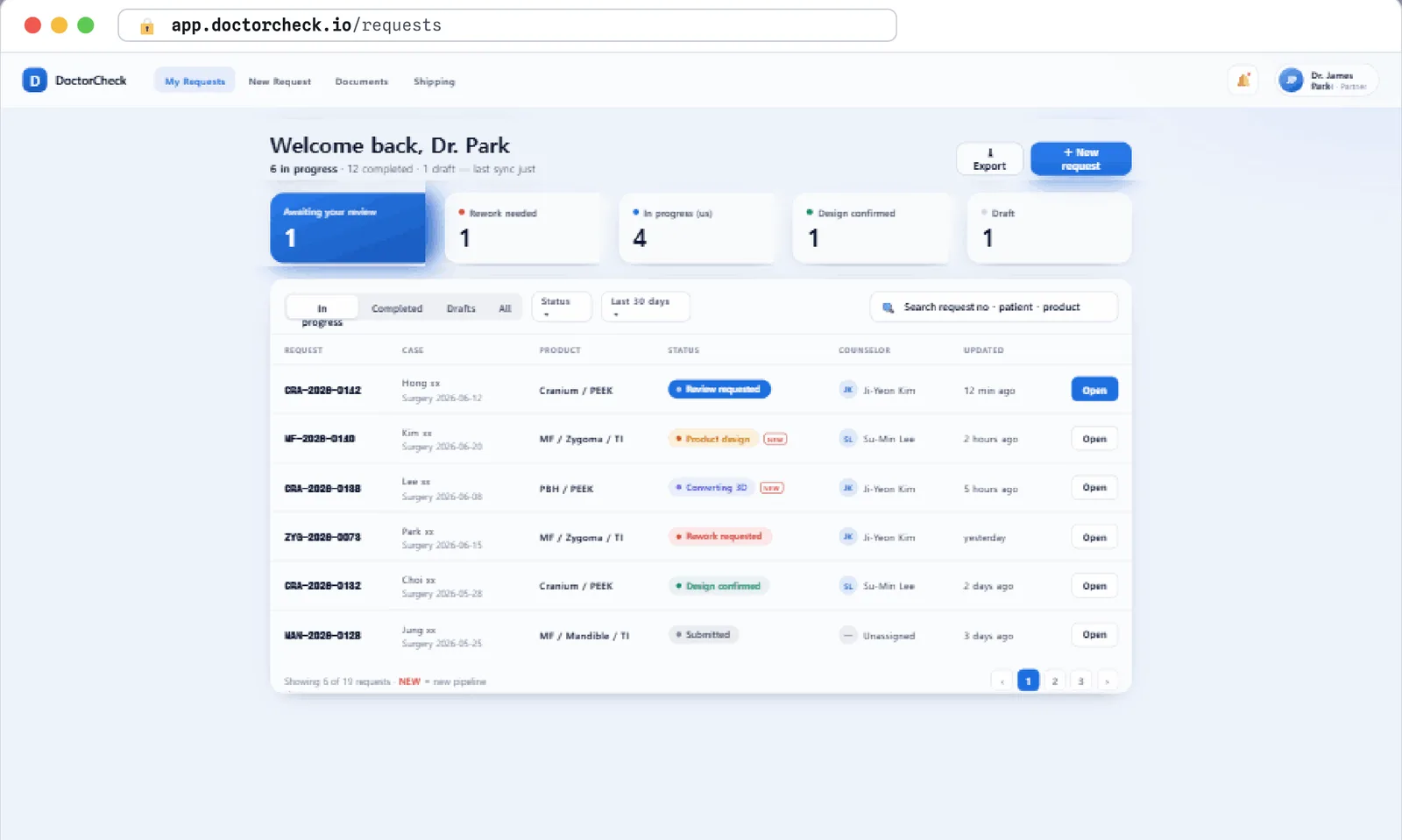 Dr.Check custom implant ordering screen